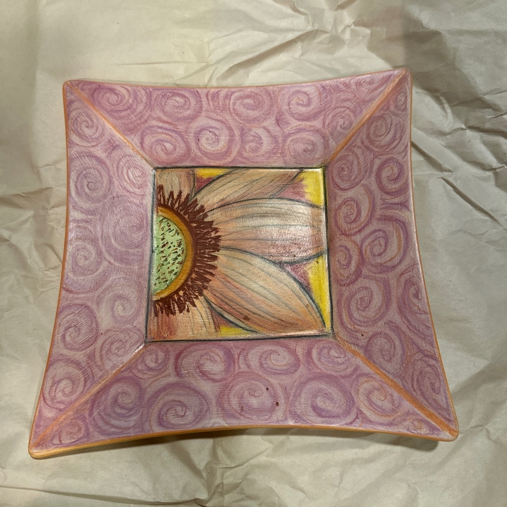 Floral Artsy Sunflower Swirl Ceramic Display Art Plate - Pink and Yellow